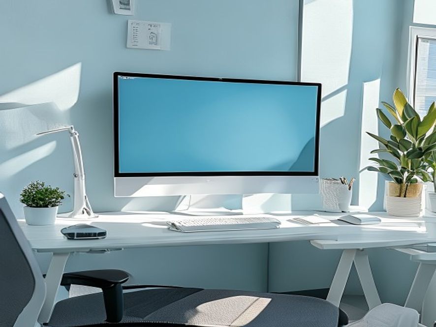 Ergonomisk innstilt datamaskinstasjon med monitor og stol